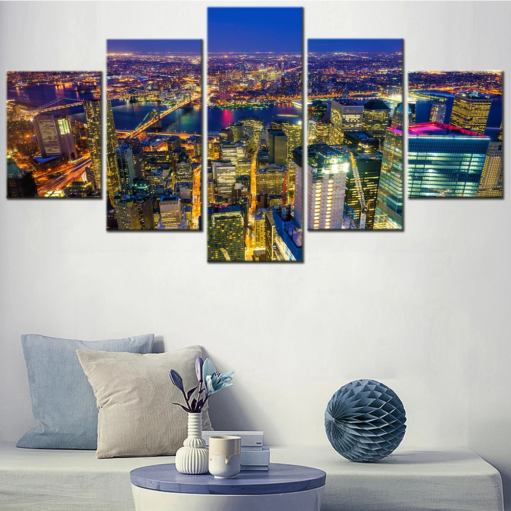 

5 Pieces Modular Wall Art Poster New York City Bridge Night View Canvas Painting Modern Living Room Home Decoration Pictures