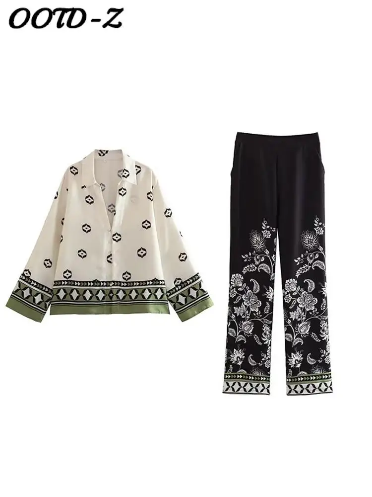 

Женский комплект из двух предметов, атласная Повседневная рубашка с принтом в стиле пэчворк, свободные брюки с широкими штанинами, модные ж...