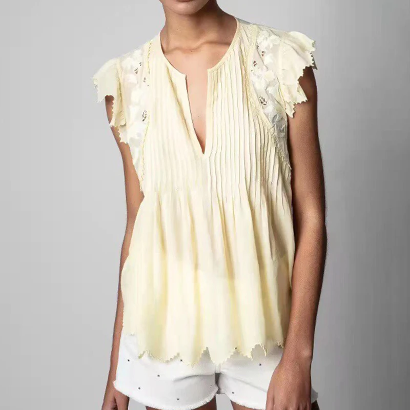 

Summer Chic Women's Blouse and Shirts V-Neck Ruffles Sleeveless Floral Embroidery Lace Blouses Casual Female Tank Top