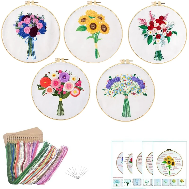 

5 Set Embroidery Kit Easy To Install For Beginners Embroidery Stitches Practice Kit For Learn To Embroider Kit Adult Beginner