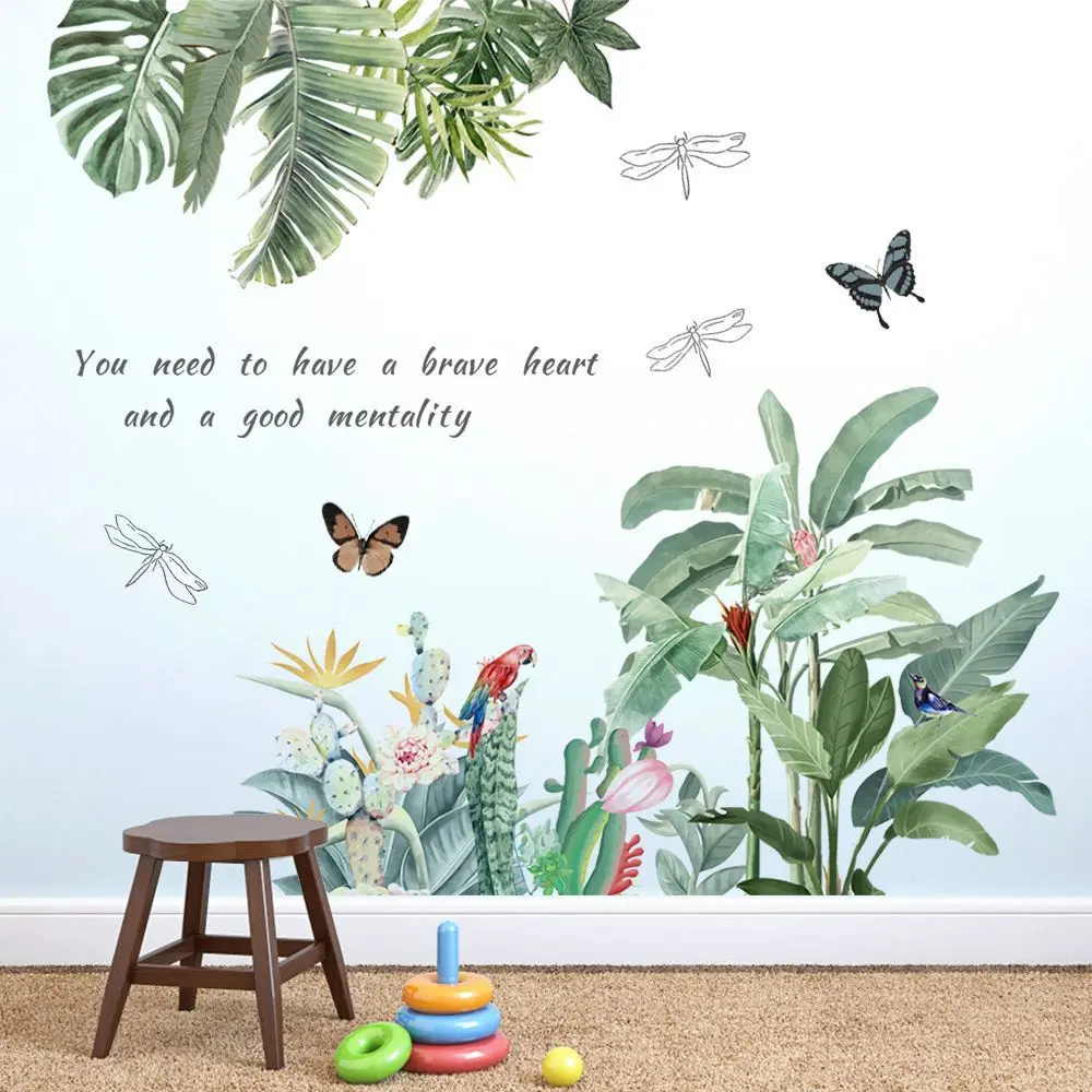 Скандинавские зеленые растения лист птица настенные буквы наклейки для гостиной