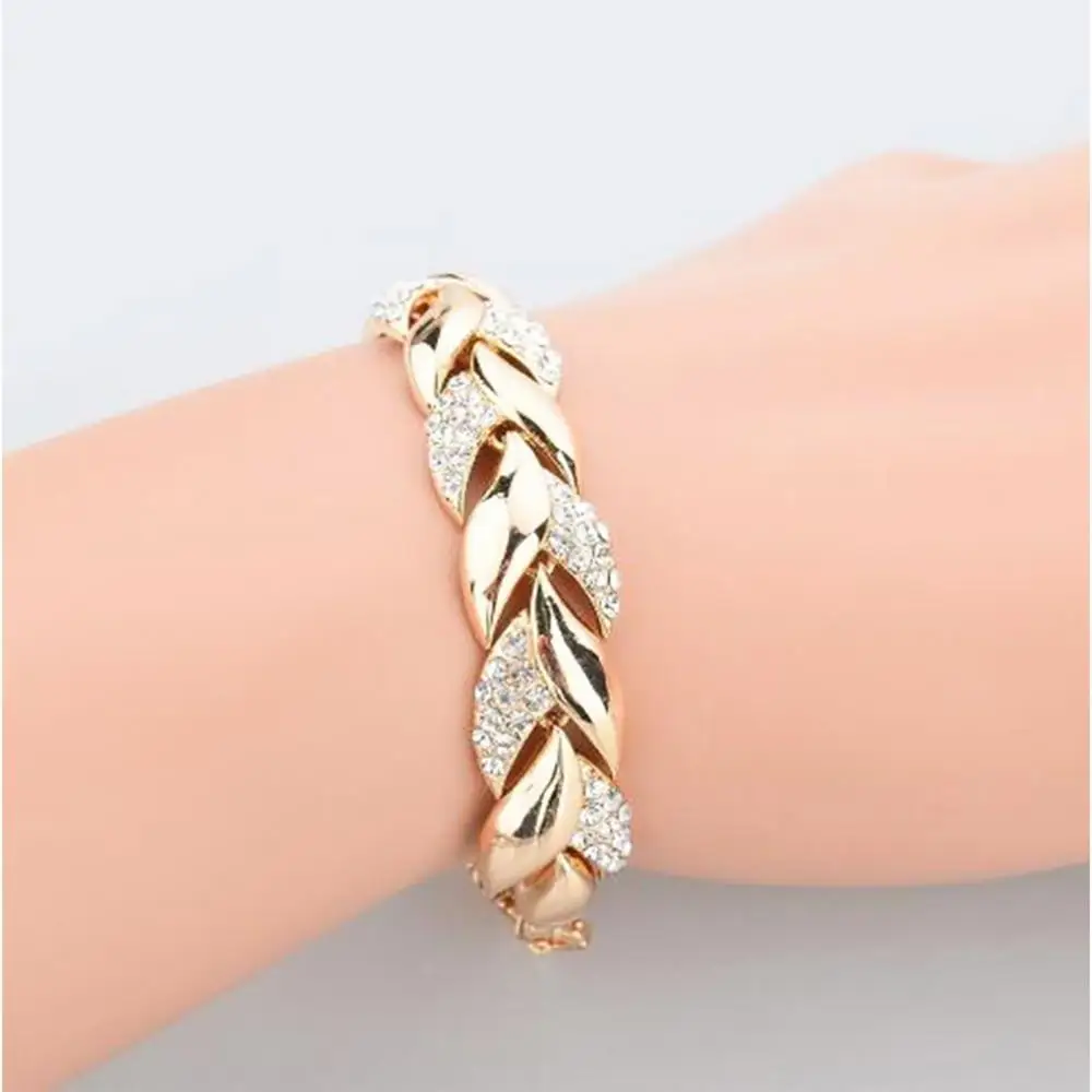 

Adjustable Golden Leaves Rhinestone Bracelets Elegant Leaf Bangle for Women