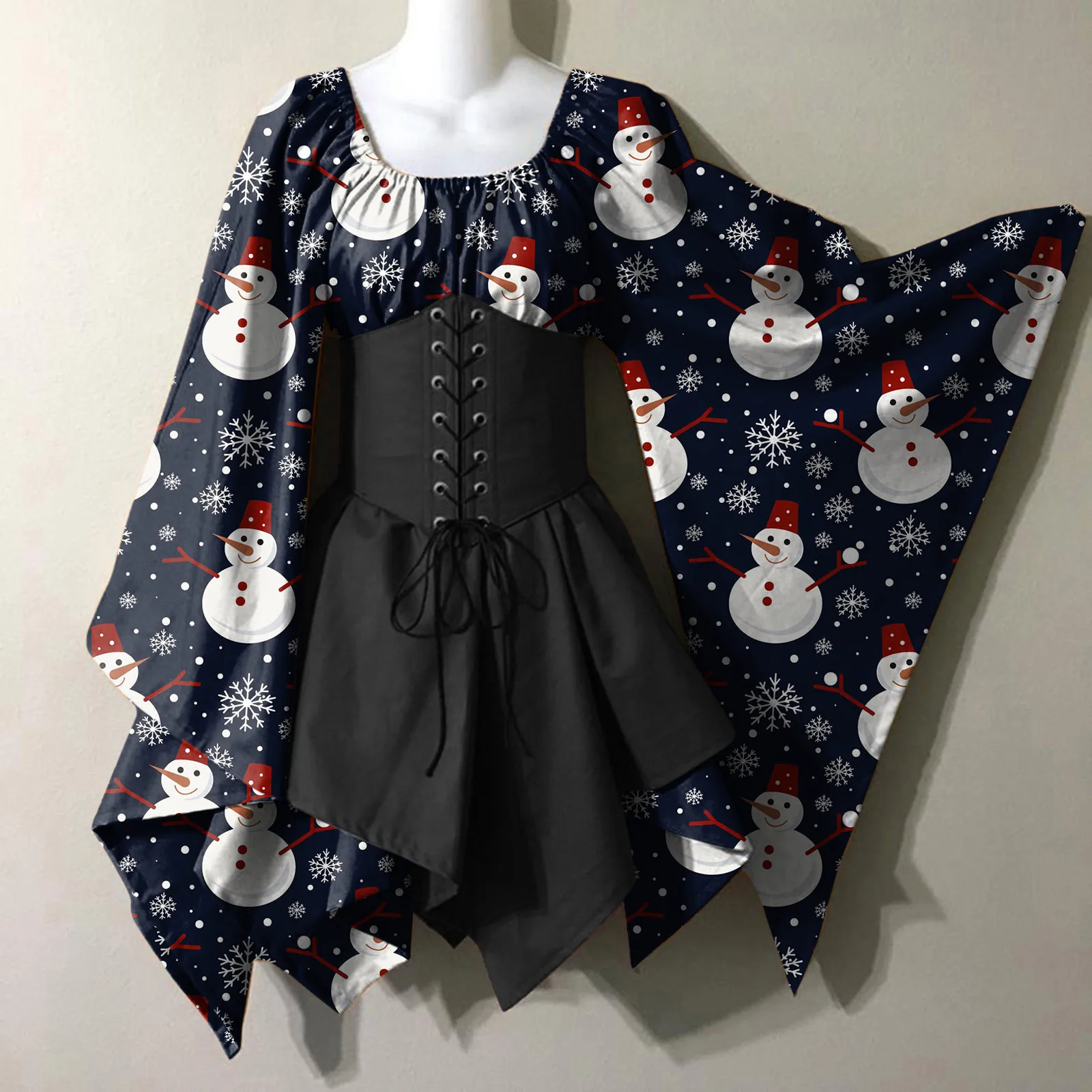 

Merry Christmas Medieval Costume Women Gothic Punk Dress Batwing Sleeve Vintage Shirt Dress With Corset Women Santa Tunic Dress