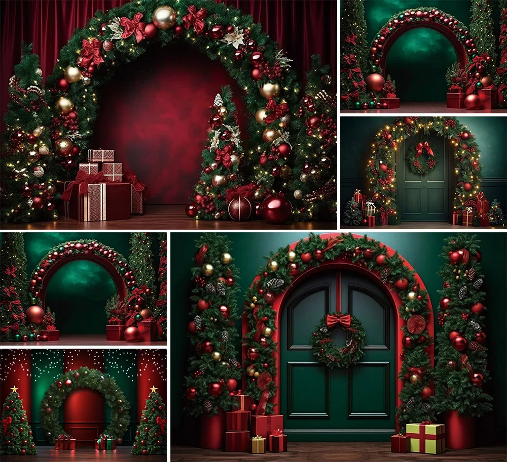 

Фотофон Mehofond Зимний Рождественский зеленый красный арочный подарок Рождественская елка для детей семейный портрет Фотостудия
