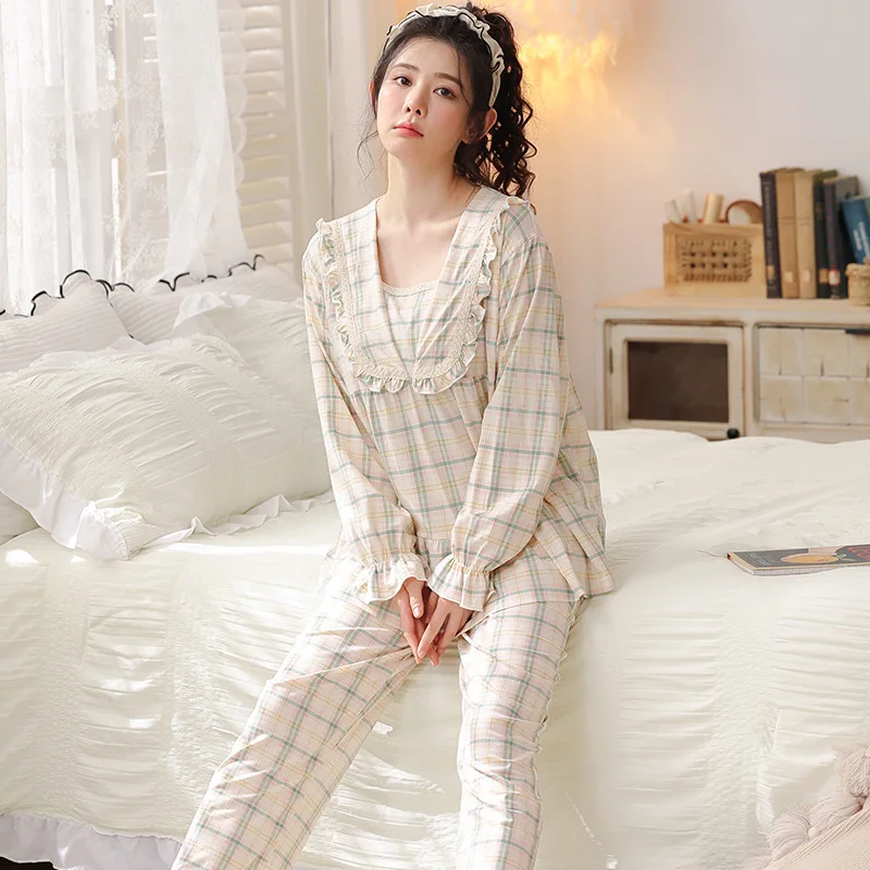 Yasuk Spring Autuum Fashion Women's Casual Sleepwear Homewear Lovely Sweet Pajamas With Pants Soft Plaid Simple Gentle
