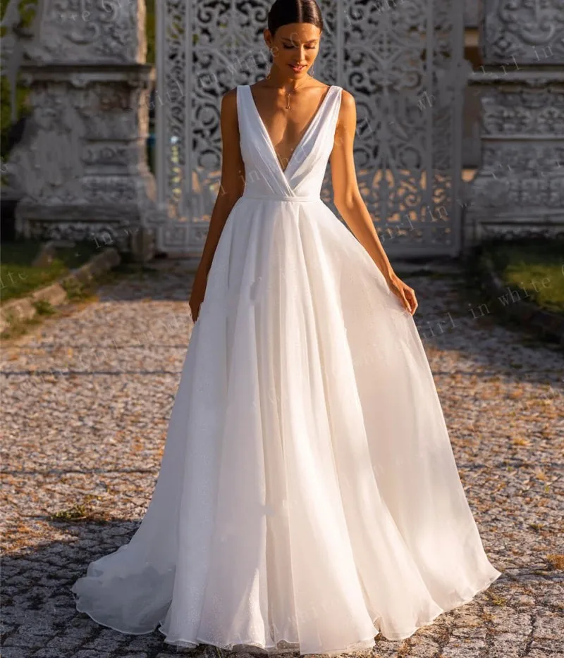 

2023 Sexy A Line Wedding Dress V Neck Backless Organza Long Train Bridal Party Gowns Mariage Vestidos De Noiva