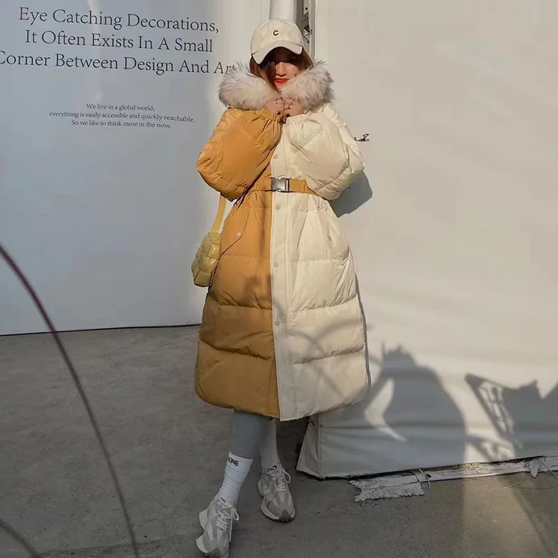 Down Jacket Colorful Women's Winter New Big Fur Collar Design Sense with Belt Slim In The Long Section White Duck Down Jacket