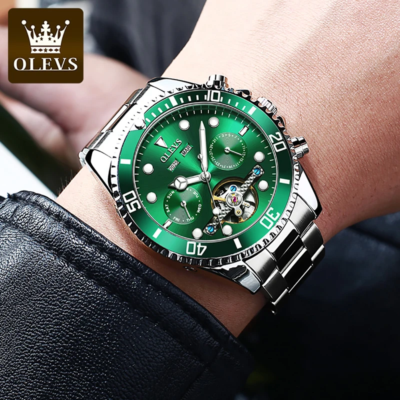 OLEVS Green Water Ghost Multifunctional Mechanical Mens Watch Fashion Tourbillon Watch For Men Casual Clock Luminous Waterproof