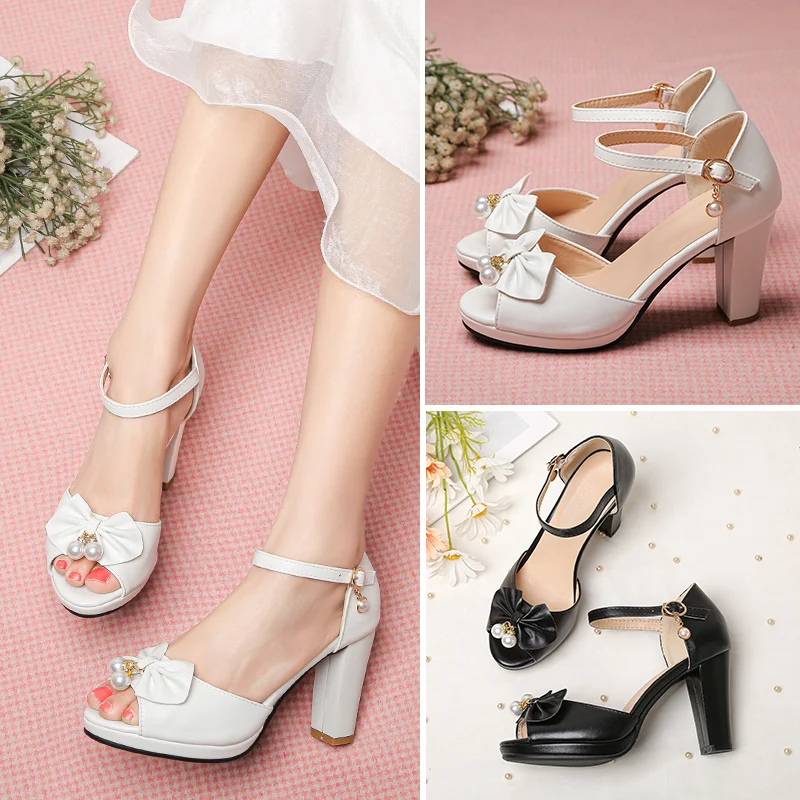 

Summer Peep Toe Cute Sweet Bowtie Lace High Heels Sandals Women Lolita Platform Wedding Party Block Heel Shoes Woman 2022