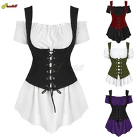Women Medieval Steampunk 2 Pcs Set Cosplay Costumes Off Shoulder Gothic Shirt Bandage Vest Stage Viking Pirate Clothing