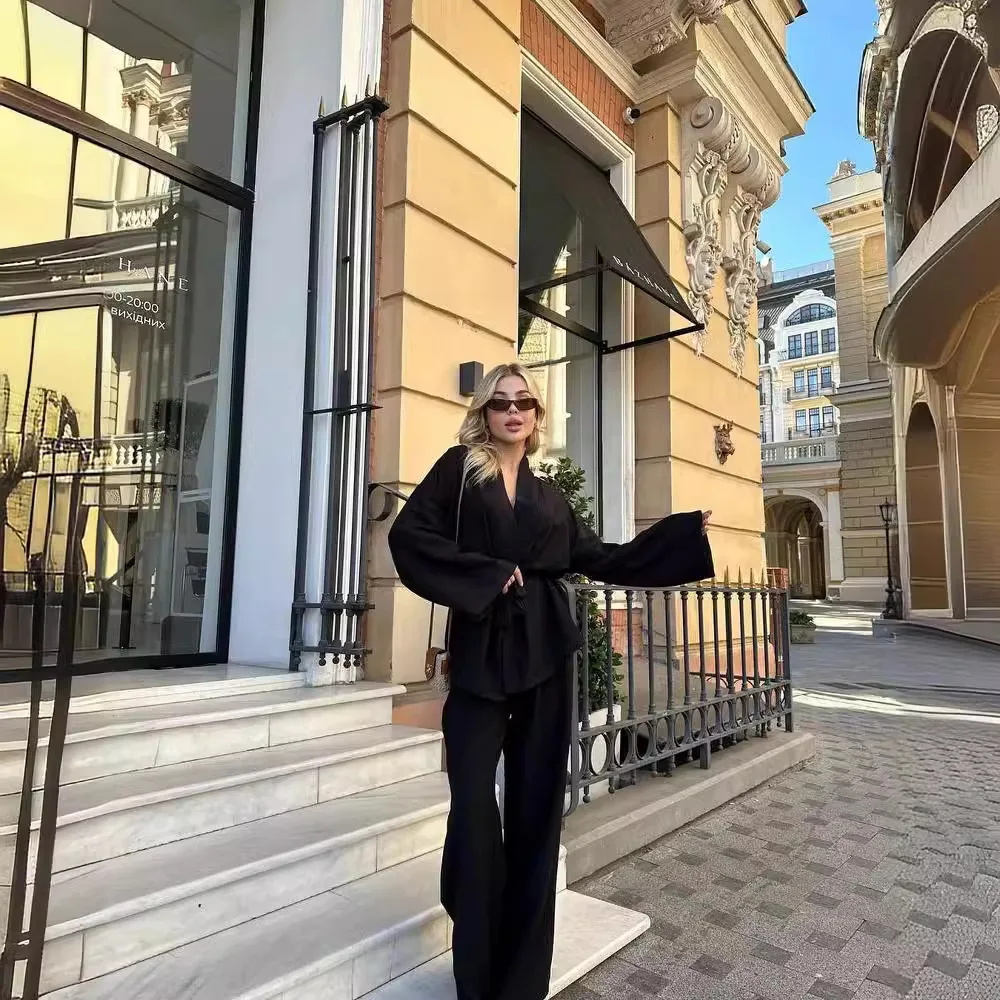 Женские комплекты из топа и брюк на шнуровке с полосатым принтом рубашка длинным