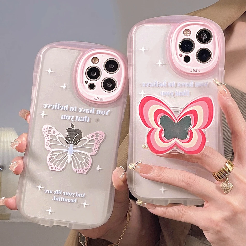 

For iPhone 13 Ins Gradient Pink Butterfly Phone Case For iPhone 12 11 Pro Max X XR XS Max Small Waist Two-In-One Soft TPU Cover