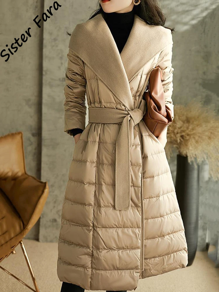 

New Long Hooded Women's Winter Snow Jacket Lacing Big Pocket Long Parka Women Puffer Warm Coat With Belt Jacket