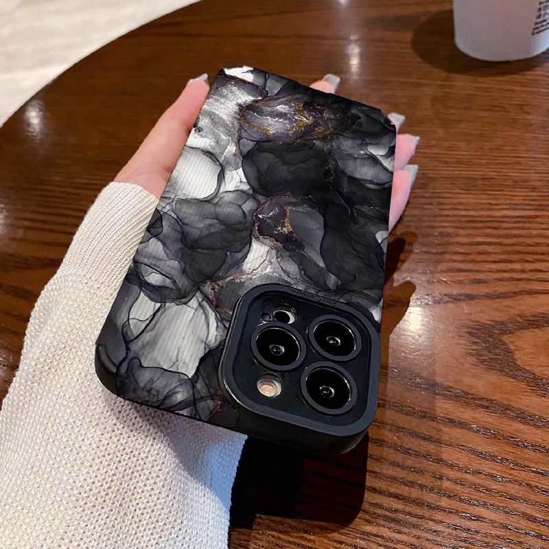 Spilling Ink Arts Marbled Pattern Phone Case For iPhone 11 12 13 14 Pro Max 14plus X XR XS Max 7 8 Plus Black White Shell Cover