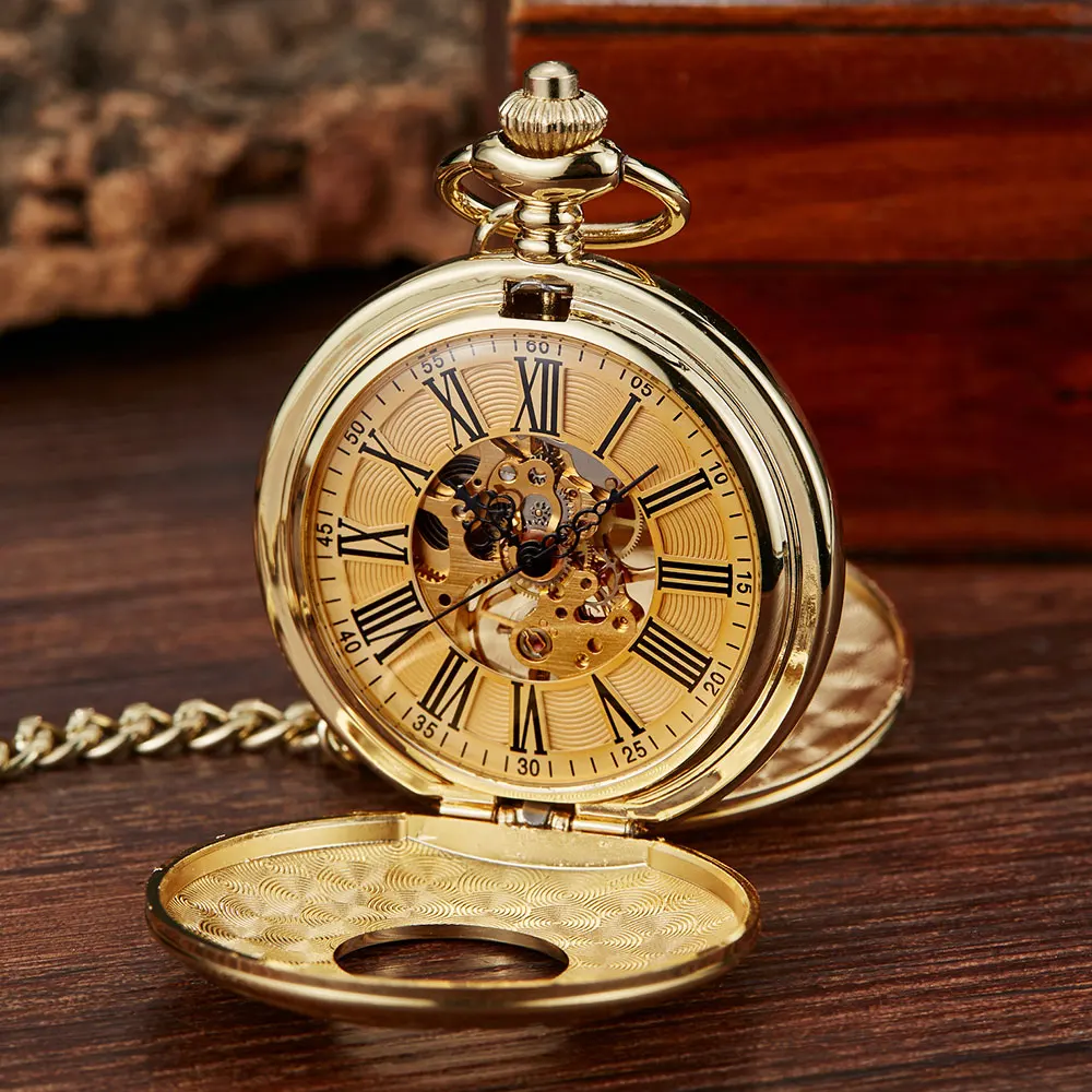Vintage Golden Sculpture Tree Pattern Mechanical Pocket Watch Men Women Retro FOB Hand Wind Double Hunter Roman Numerals