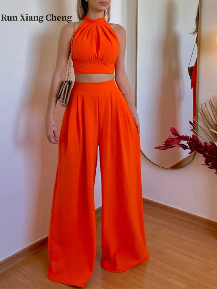 

Women's Pant Sets 2023 Summer Fashion Halter Neck Temperament Slim High-waist Trousers 2 Piece Set Casual Chic and Elegant Suit