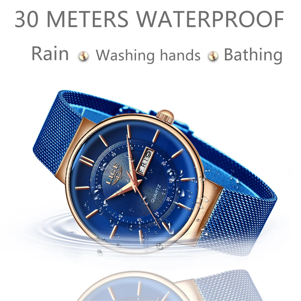 LIGE Women's Watches Luxury Brand Ultra-thin Calendar Week Quartz Watch for Women Ladies Clocks Mesh Waterproof Reloj Mujer