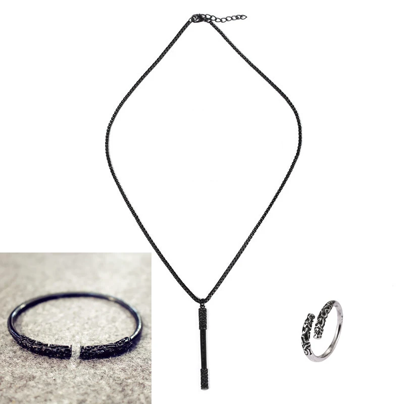 Набор Черных Мифических Аксессуаров - Кулон Гоку Золотой Ремешок Открытое Кольцо