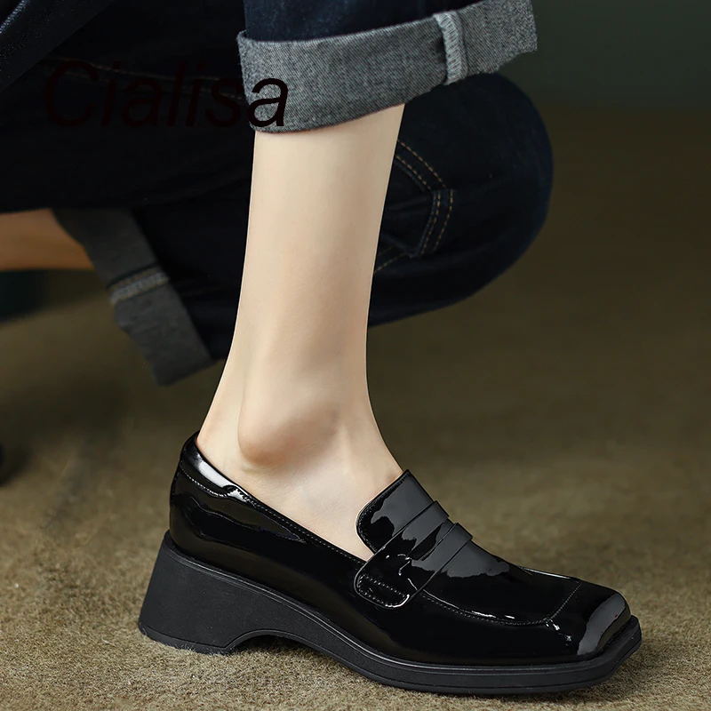 

Cialisa Loafers Concise Women Shoes Square Toe Autumn New Black Cow Patent Leather Casual Handmade Slip-On Lady Footwear Size 40