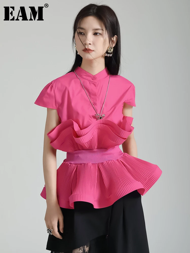 

[EAM] Women Rose Red Pleated Elegant Blouse New Stand Collar Short Sleeve Loose Fit Shirt Fashion Spring Summer 2023 1DF7819