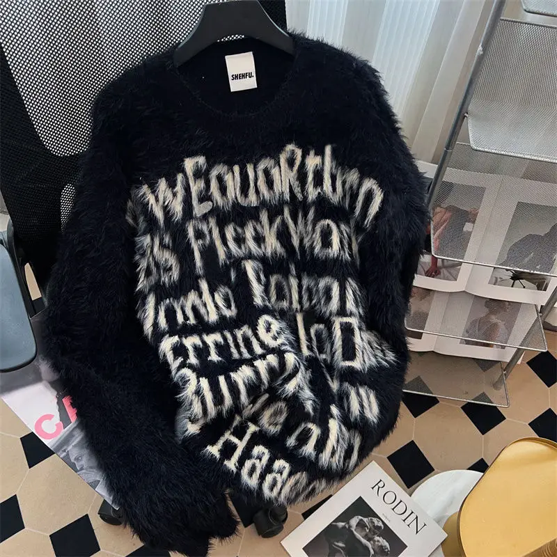 

2023 Harajuku Fashion Letter Knitted Soft Sweater Women Autumn Vintage Japanese Tops Loose Grunge Y2k Aesthetic Black Pullover