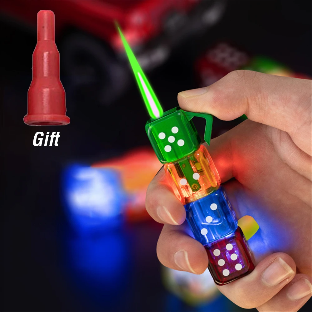 Creative Green Flame Dice Lighter Cool LED Colorful Light Windproof Butane Gas Tube Straight Fire Jet Lighter Cigarette Tool