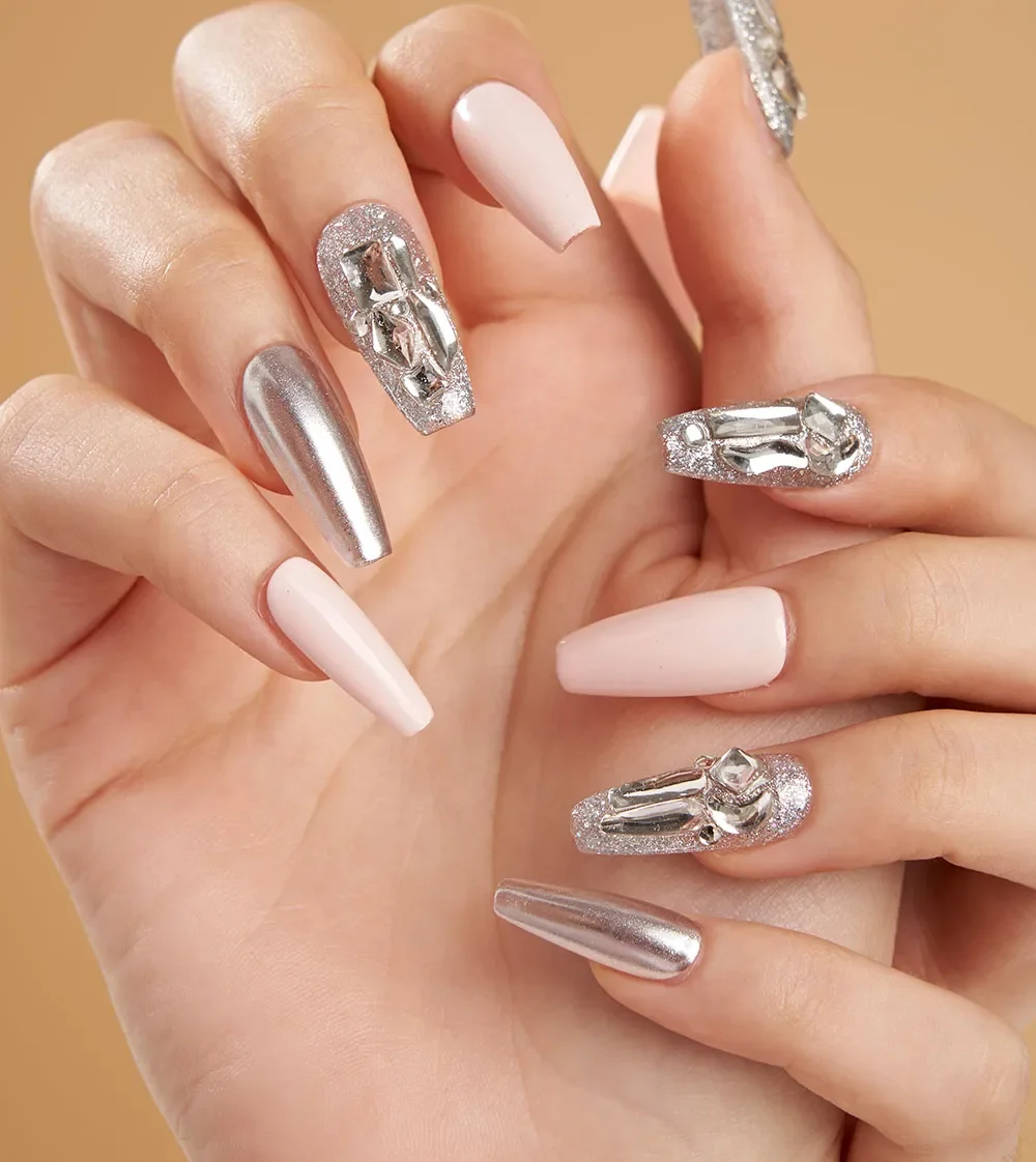 

Handmade Pink Nails /Metal Color Cute Sweetheart Fake Nails Set/Coffin Kawaii Party Nails