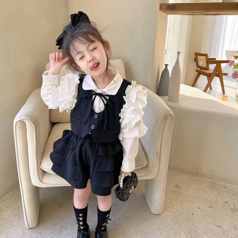 

Spring Baby Girls Cute Elegant Formal Clothing Set Kids Retro Fashion Black Vest+ Shorts 2pcs Set Children Casual Outfit 0-8 Yrs