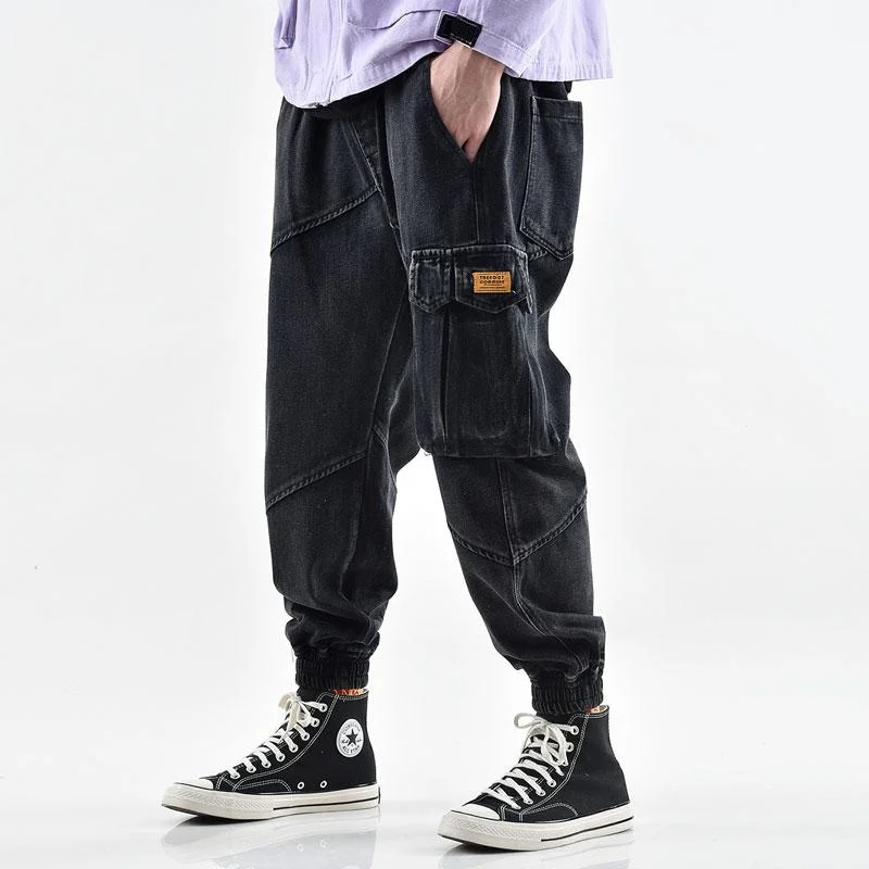 

Japanese Style Fashion Men Jeans High Quality Loose Fit Multi Pockets Cargo Pants Slack Bottom Hip Hop Joggers Men's