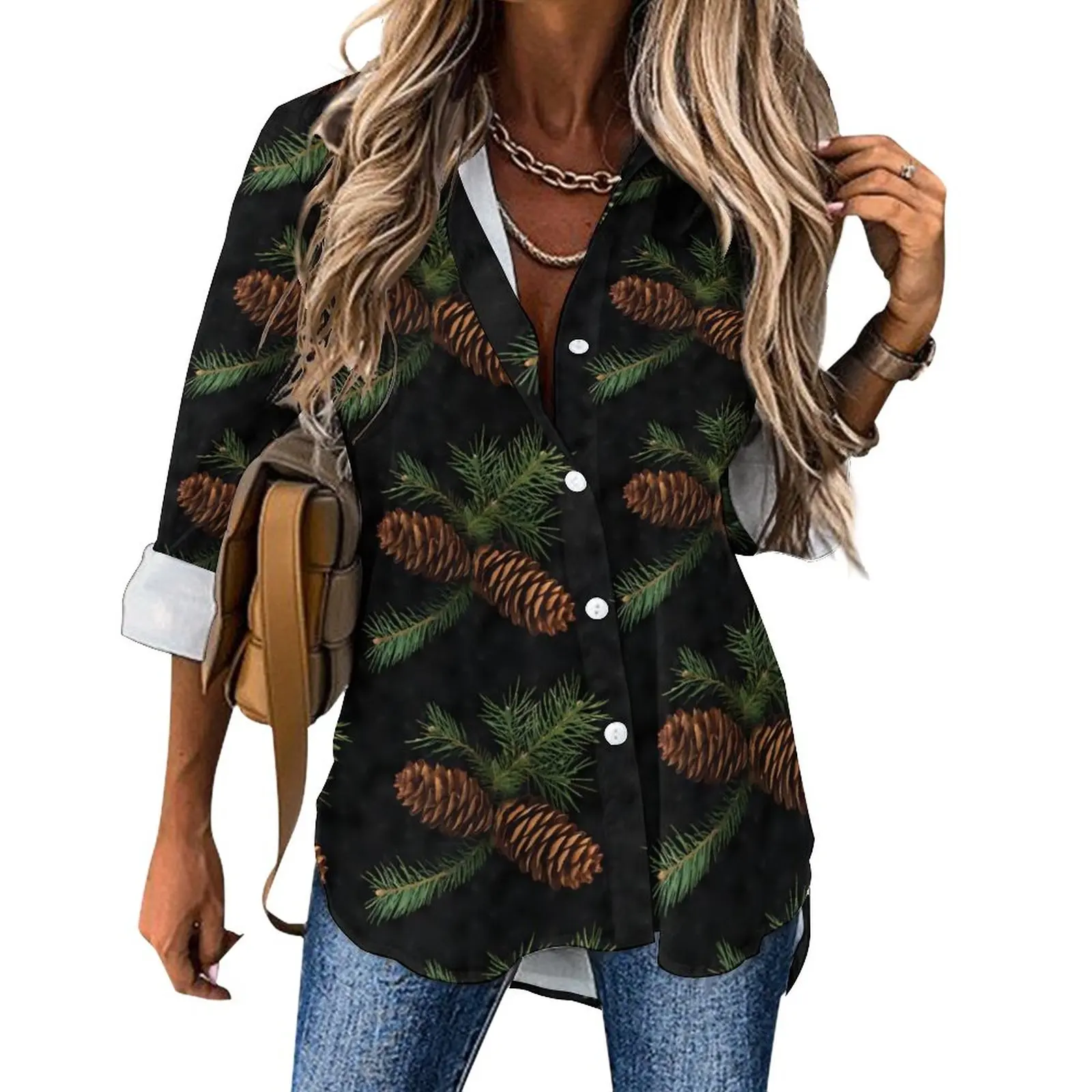 

Watercolor Pine Cones Blouse Woodland Modern Printed Casual Blouses Women Street Wear Shirts Summer Long Sleeve Oversized Top