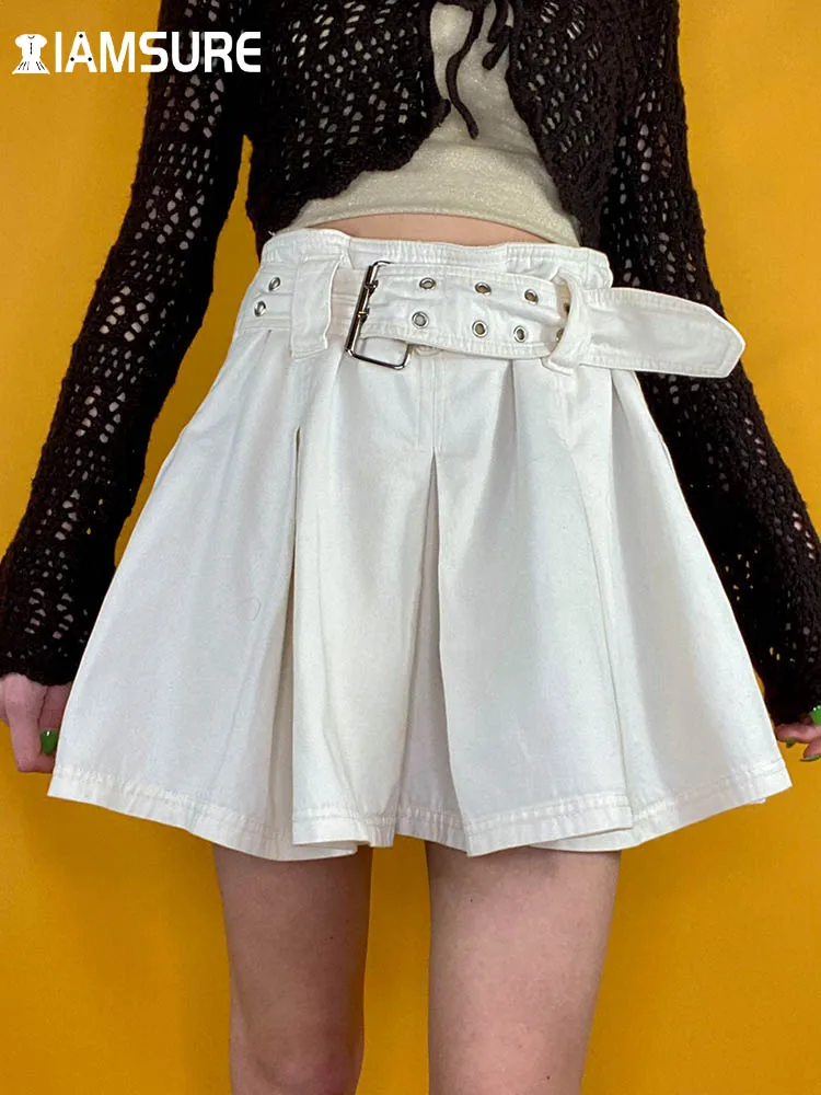 

IAMSURE Basic Solid Pleated A-Line Skirt With Sashes Preppy Style High Waisted Mini Skirts Women 2022 Fashion Streetwear Ladies