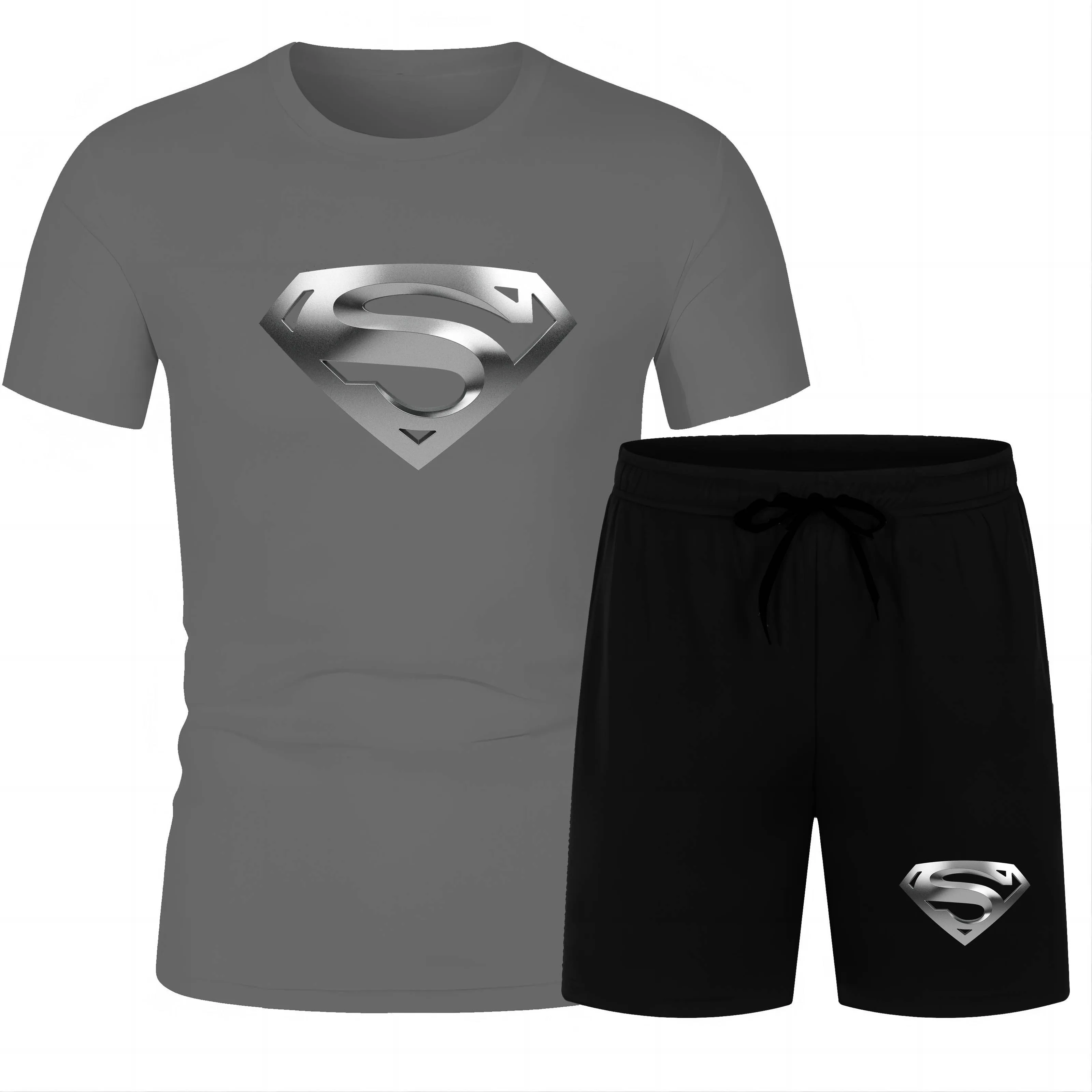 Four Seasons fashion outdoor leisure sports 2D print men's loose quick dry crew neck short sleeve T-shirt beach pants suit