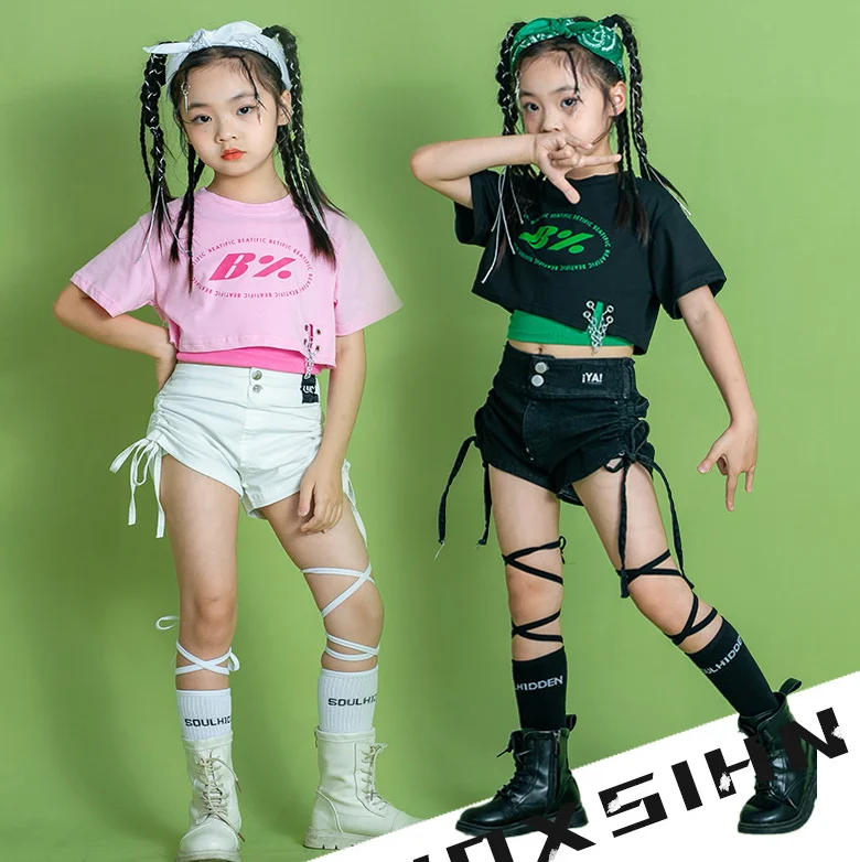 

For 4-15 Yrs Girls Summer Jazz Dance Outfits Children Cotton Cropped Short Sleeves T Shirt Jeans Shorts Dancing Costumes Sets