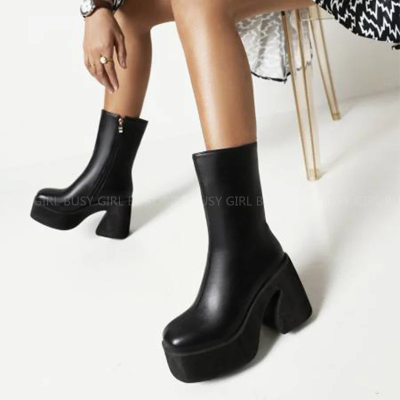 Square toe black thick waterproof high-heeled women's leather ankle boots a new style of calf boots