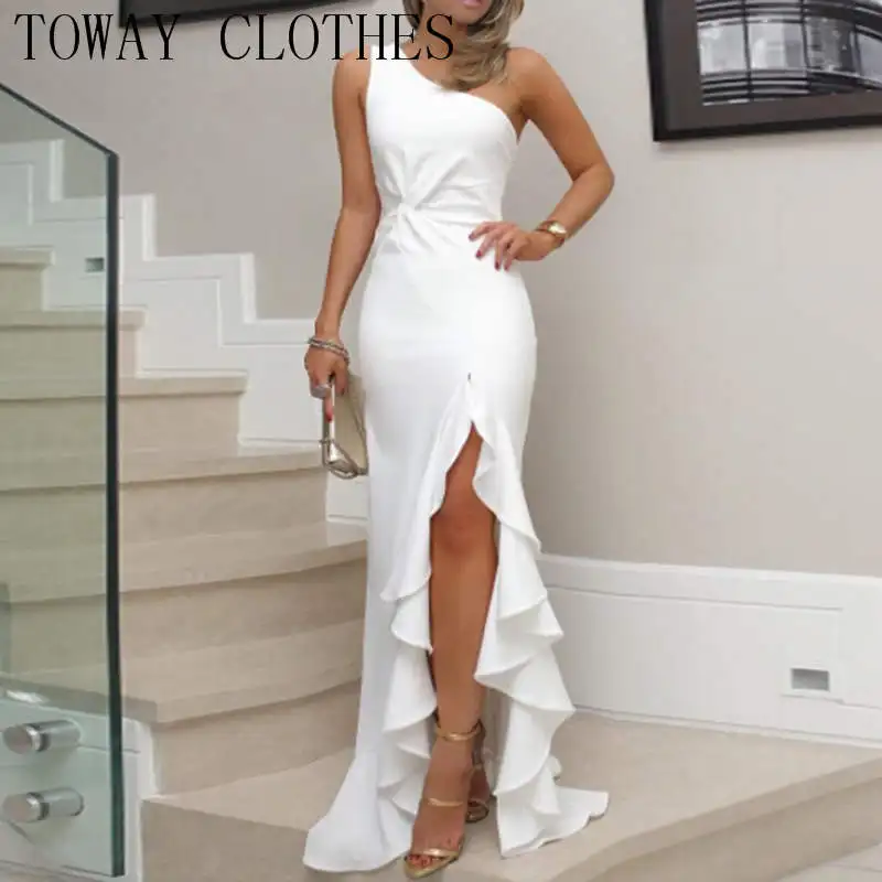 

Dress For Women 2022 One Shoulder High Slit Maxi Long Sleeve Cut Out Front Evening Party Dress Ladies White Bodycon Long Dresses