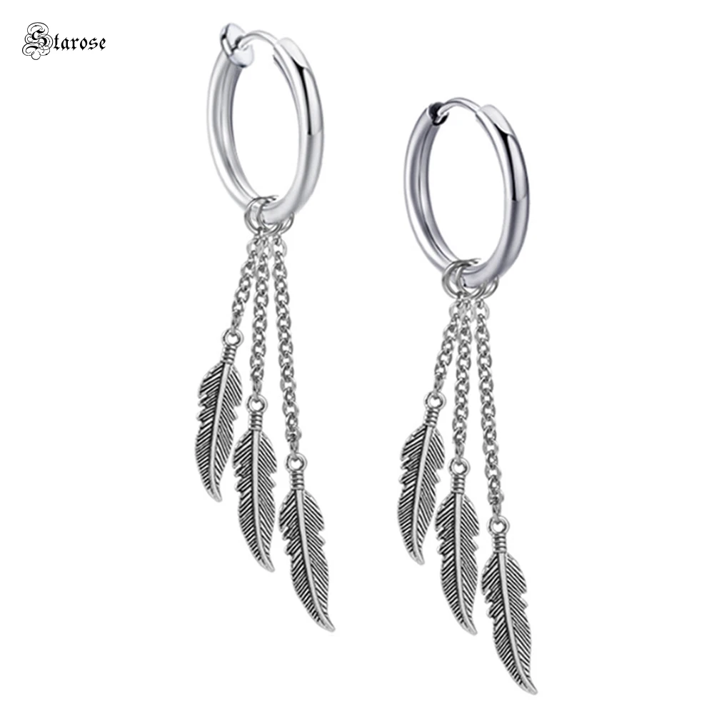 

1Pc 1.0x12mm Three Leaves Tassel Earrings Hoop Stainless Steel Ear Clip Earrings for Women Men Ear Buckle Chain Piercing Jewelry