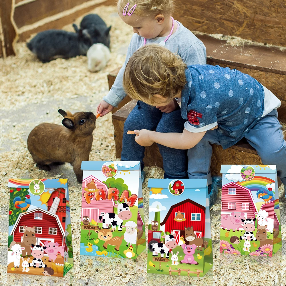 LB165 12pcs Cartoon Farm Animals Pig Cow Rainbow Birthday Party Paper Gift Bags with Stickers Kids Baby Shower Party Kraft Bags