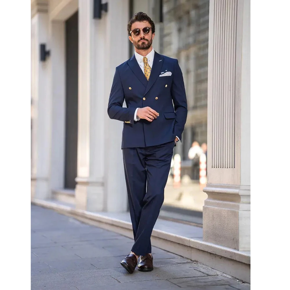 Шикарный темно-синий приталенный мужской костюм из двух частей (куртка + брюки)