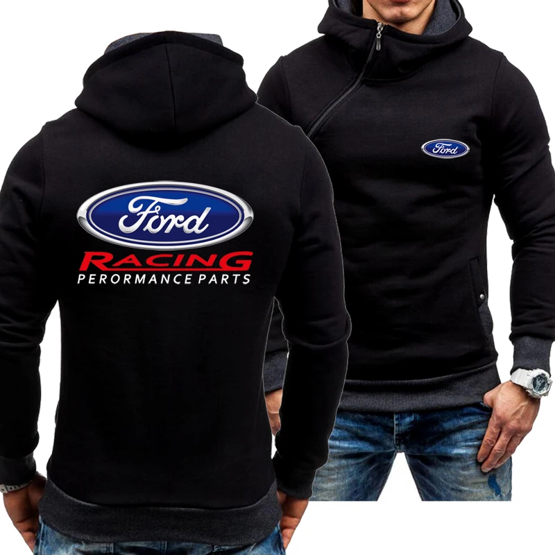 New Men's Casual Spring Autumn Ford Racing Logo Hoodie Skew Zipper Long Sleeve Fashion Zip Hoody Sweatshirt Jacket 4 Colors