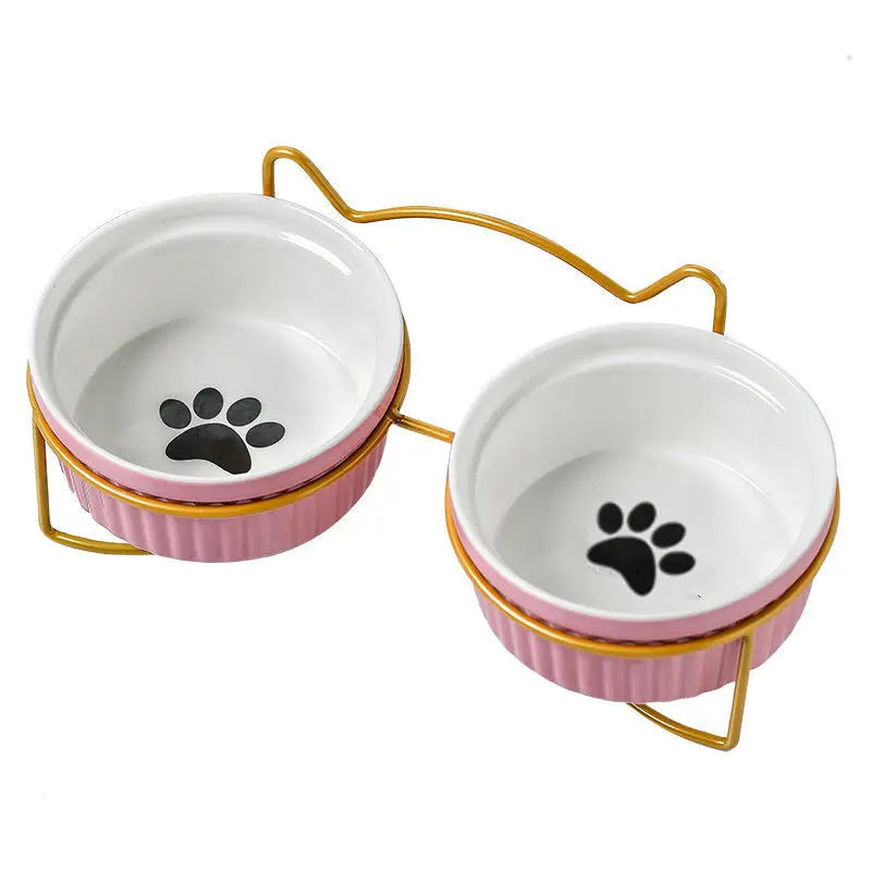 

Ceramic Elevated Cat Bowl High Foot Neck Guard Double Bowl Fixing Frame Prevent Upset Pet Cat and Dog Food Basin Water Bowl