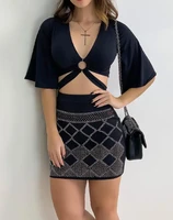 2022 summer new womens casual mini skirt 2 piece set o ring details navel top and rhinestone skirt sexy suit