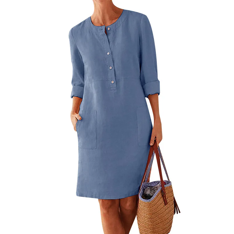 

spring summer 2023 new Dress Casual Long Sleeve Loose Knee-length Dress Women Plus Size Buttons Pockets Cotton Linen