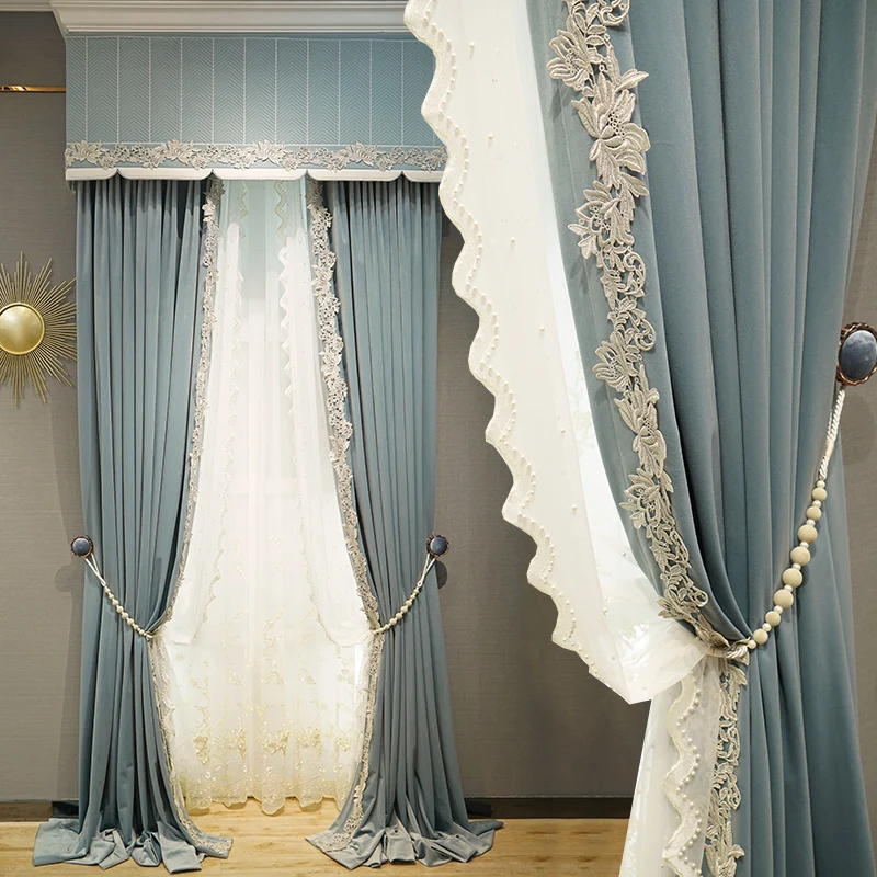 

Luxury French Living Room Bedroom Blackout Curtain Velvet Cloth Blue Embroidered Relief Window Screen Simple High-end Villa
