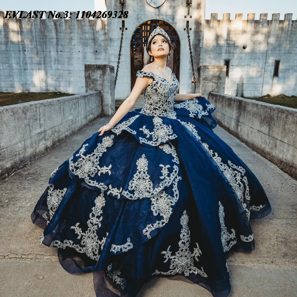 EVLAST Элегантное темно-синее платье Quinceanera