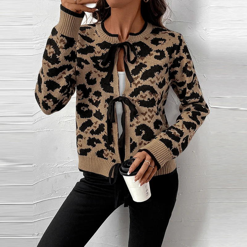 Fall Winter Casual Long Sleeve Cardigans Tops Vintage Women's Loose Commuting Jumper New Leopard Printed Lace Up Knitted Sweater |