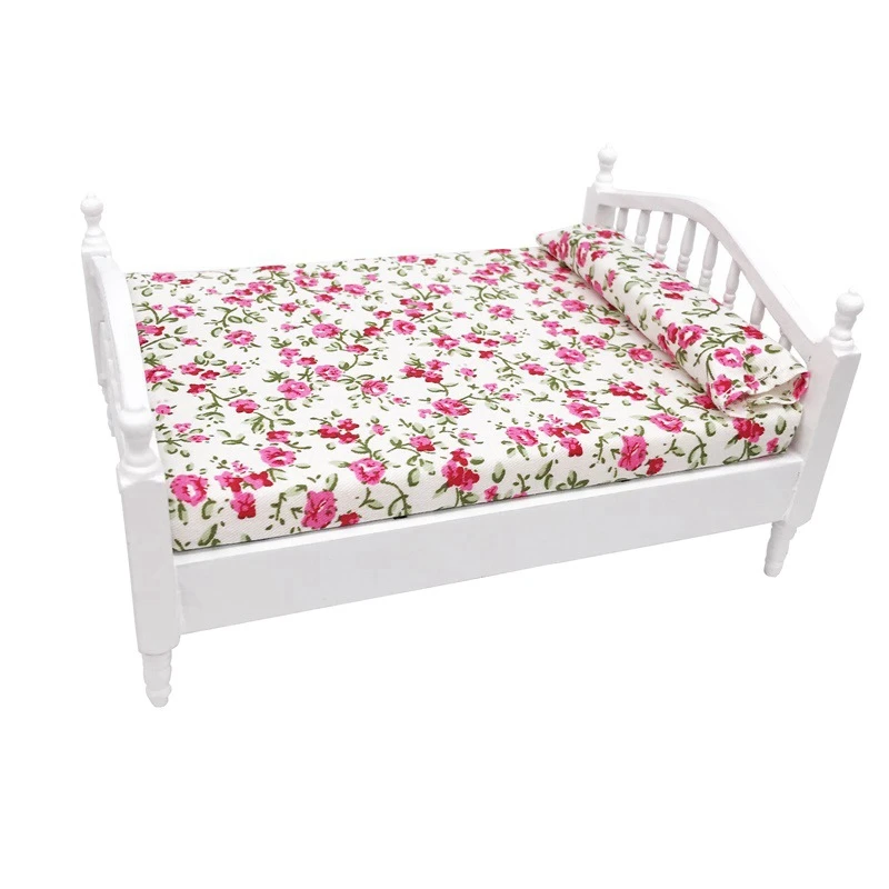 

1/12 Dollhouse Miniature Accessories Mini Wooden Double Bed Simulation Bedroom Furniture Toys for Doll House Decoration