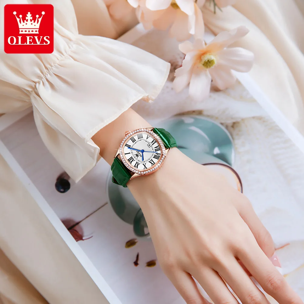 OLEVS женские часы кварцевые для женщин зеленые кожаные наручные с римскими