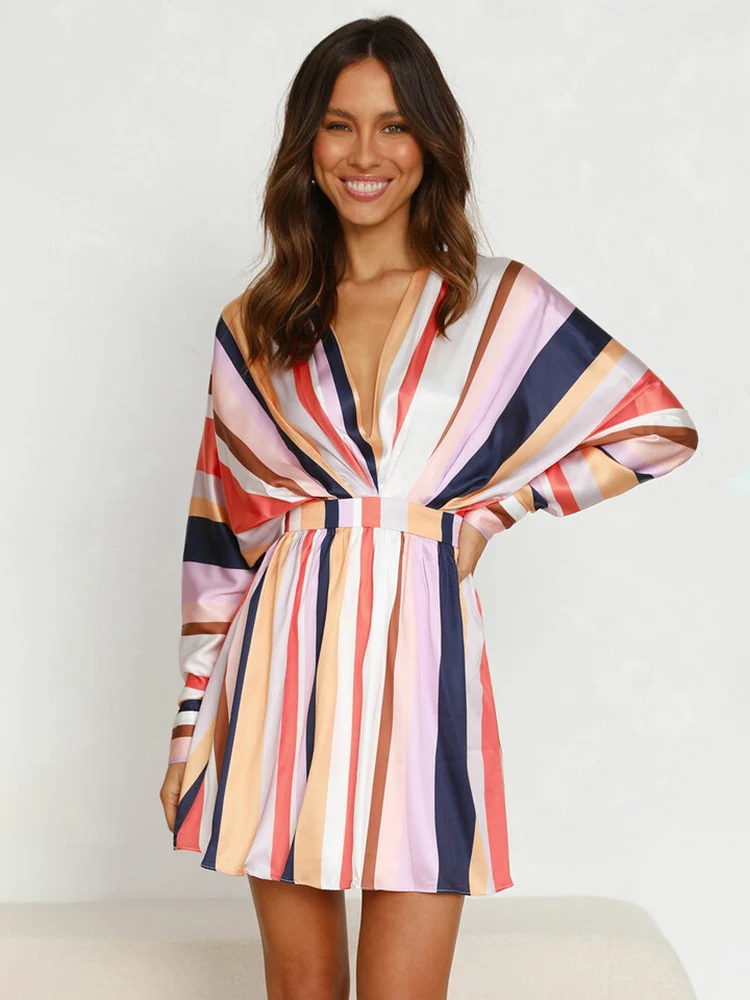 

Ladies Retro Colorful Striped Back Hollow Out Mini Dress Women Casual Batwing Sleeves V-neck Elegant Dress 2022 Autumn New Robe