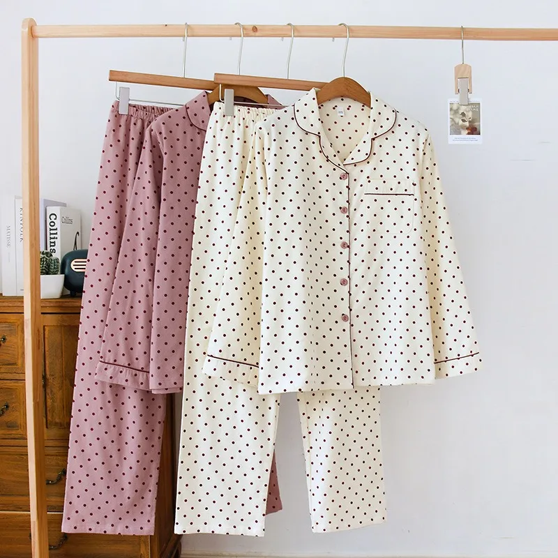 

Ladies Cotton Brushed Flannel Pajamas Solid Color Polka Dot Long-sleeved Loungewear Women Plus Size Leisure Cardigan Sleepwear