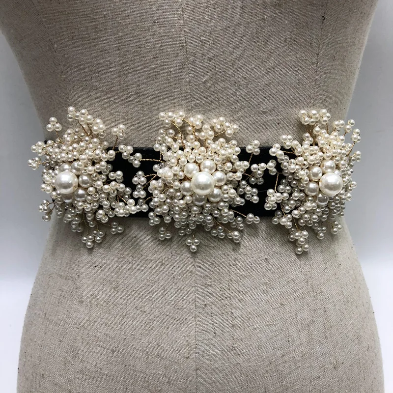 Luxury Women Pearl Belt For Dress Elegant Floral Buckle Pearl Decoration Rhinestone Wedding Belt Elastic Waist